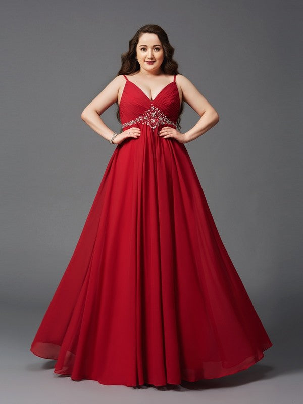 Vestido de noche de fiesta de talla grande de gasa larga sin mangas con tirantes finos y cuentas de corte A/princesa