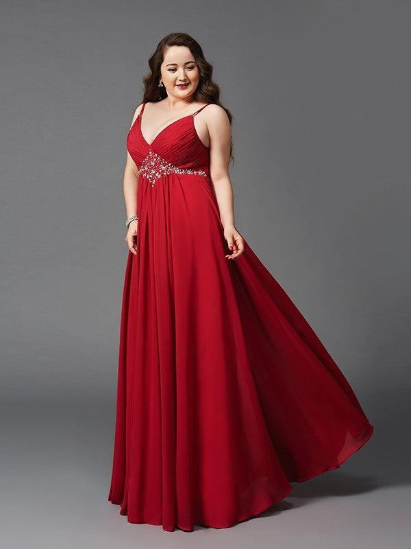 Vestido de noche de fiesta de talla grande de gasa larga sin mangas con tirantes finos y cuentas de corte A/princesa