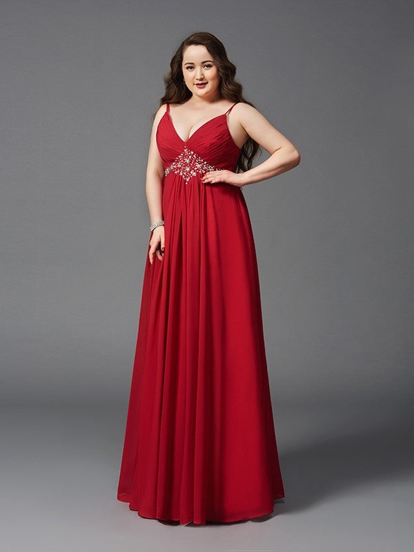Vestido de noche de fiesta de talla grande de gasa larga sin mangas con tirantes finos y cuentas de corte A/princesa