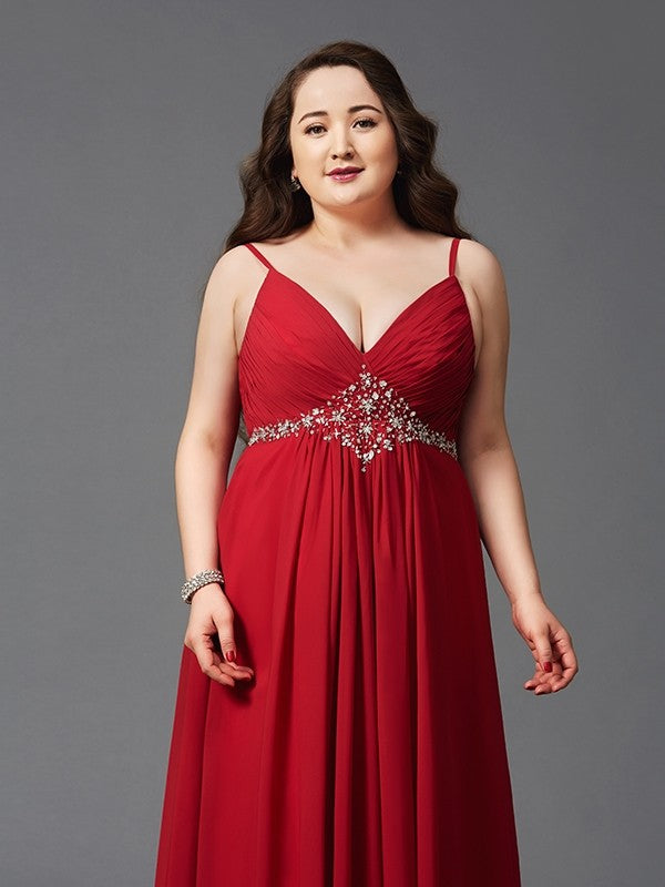 Vestido de noche de fiesta de talla grande de gasa larga sin mangas con tirantes finos y cuentas de corte A/princesa