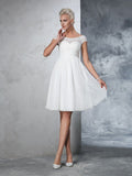 A-Line/Princess Sheer Neck Ruched Short Sleeves Short Chiffon Wedding Dresses