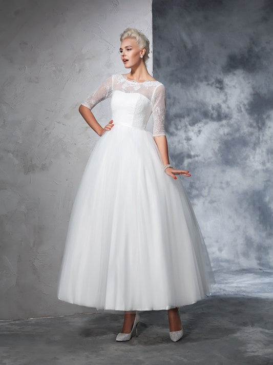 Ballkleid Bateau Spitze 1/2 Ärmel Langes Netz Brautkleider Brautkleider