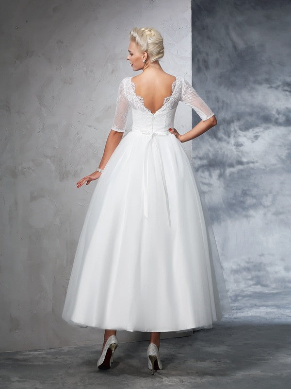 Ballkleid Bateau Spitze 1/2 Ärmel Langes Netz Brautkleider Brautkleider