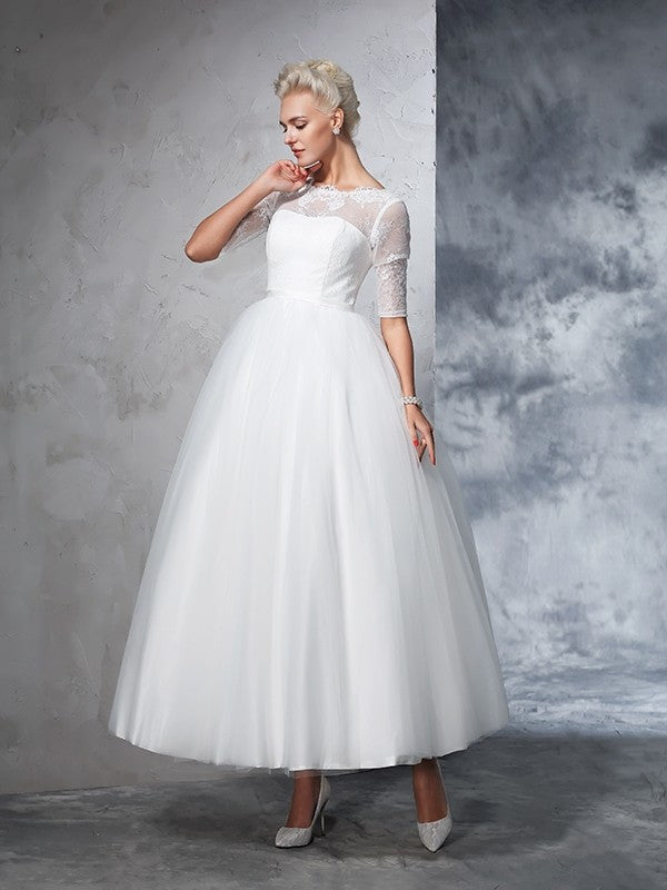 Ballkleid Bateau Spitze 1/2 Ärmel Langes Netz Brautkleider Brautkleider