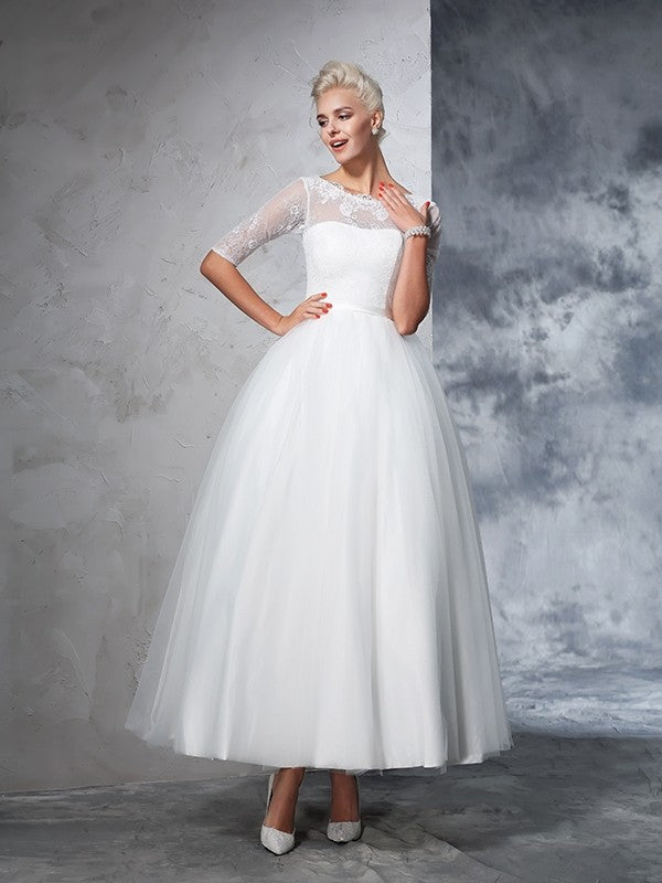 Ballkleid Bateau Spitze 1/2 Ärmel Langes Netz Brautkleider Brautkleider