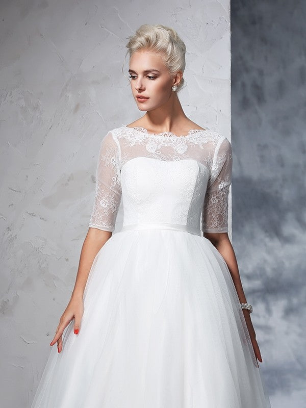 Ballkleid Bateau Spitze 1/2 Ärmel Langes Netz Brautkleider Brautkleider