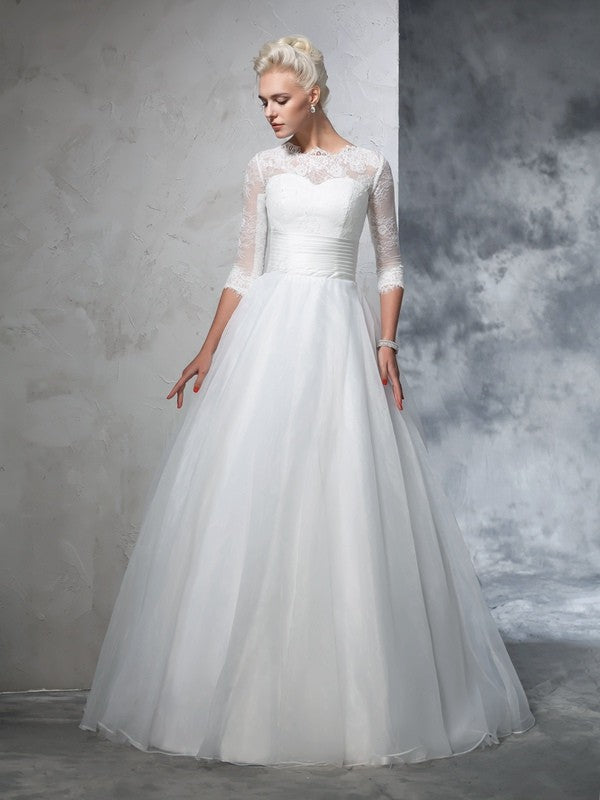 Ball Gown Jewel Applique 3/4 Sleeves Long Organza Wedding Dresses Bridal Gowns