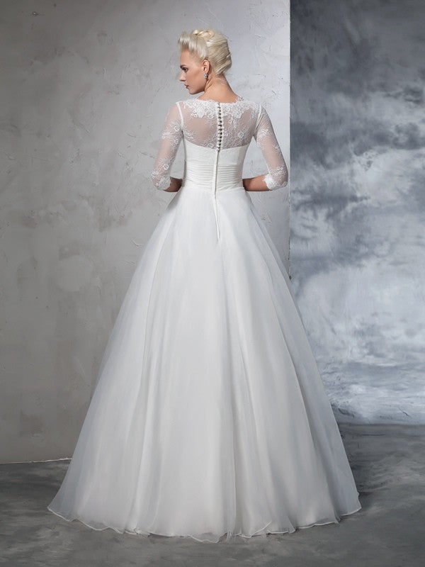 Ball Gown Jewel Applique 3/4 Sleeves Long Organza Wedding Dresses Bridal Gowns