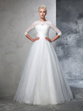 Ball Gown Jewel Applique 3/4 Sleeves Long Organza Wedding Dresses Bridal Gowns