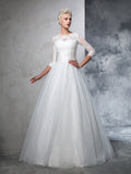 Ball Gown Jewel Applique 3/4 Sleeves Long Organza Wedding Dresses Bridal Gowns