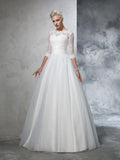 Ball Gown Jewel Applique 3/4 Sleeves Long Organza Wedding Dresses Bridal Gowns