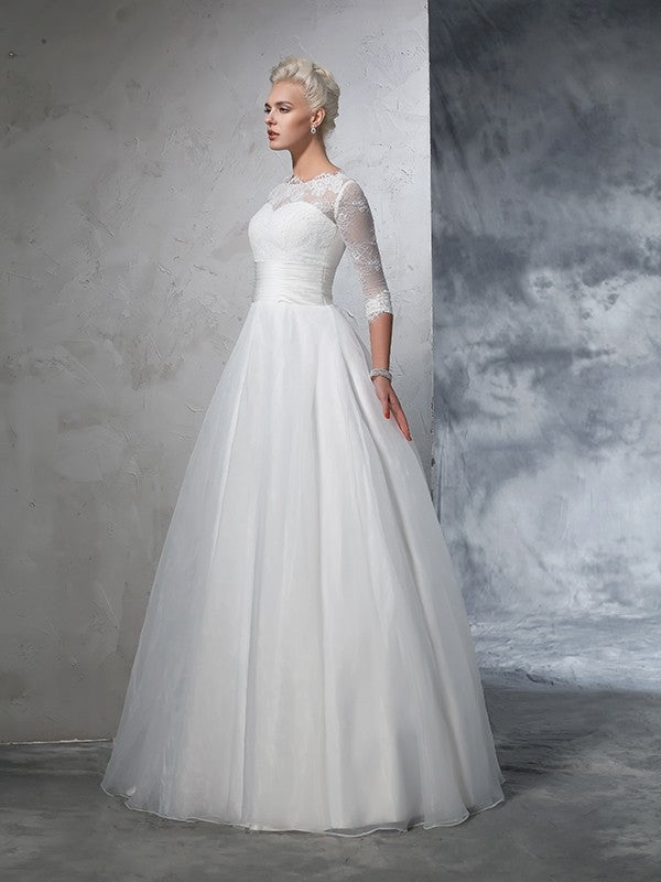 Ball Gown Jewel Applique 3/4 Sleeves Long Organza Wedding Dresses Bridal Gowns