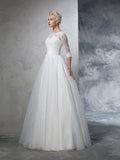 Ball Gown Jewel Applique 3/4 Sleeves Long Organza Wedding Dresses Bridal Gowns