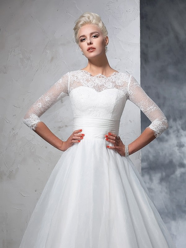 Ball Gown Jewel Applique 3/4 Sleeves Long Organza Wedding Dresses Bridal Gowns