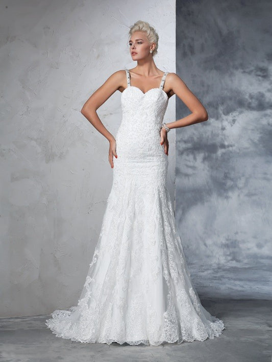 Trumpet/Mermaid Spaghetti Straps Lace Sleeveless Long Lace Wedding Dresses Bridal Gowns