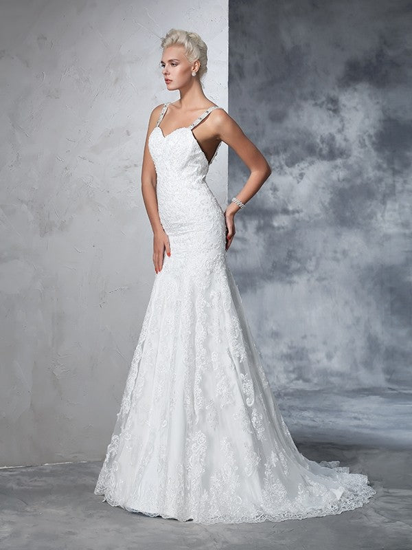 Trumpet/Mermaid Spaghetti Straps Lace Sleeveless Long Lace Wedding Dresses Bridal Gowns