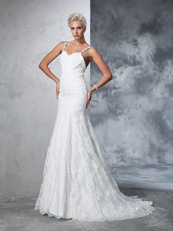 Trumpet/Mermaid Spaghetti Straps Lace Sleeveless Long Lace Wedding Dresses Bridal Gowns