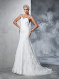 Trumpet/Mermaid Spaghetti Straps Lace Sleeveless Long Lace Wedding Dresses Bridal Gowns