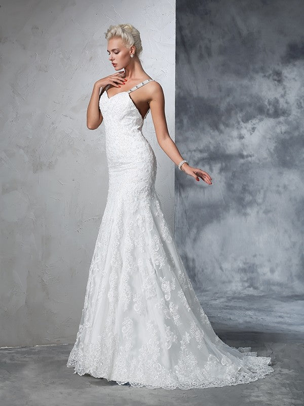 Trumpet/Mermaid Spaghetti Straps Lace Sleeveless Long Lace Wedding Dresses Bridal Gowns