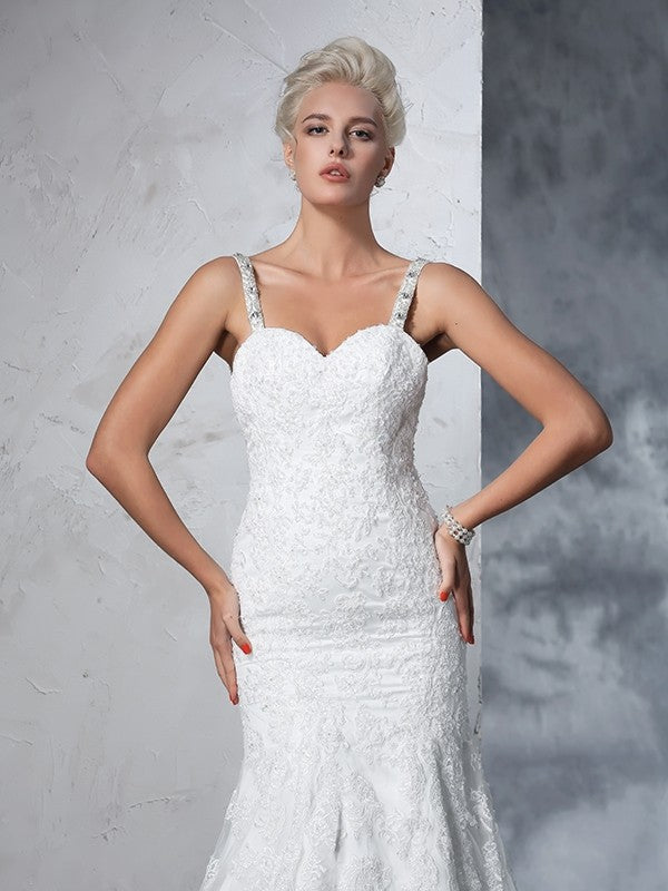 Trumpet/Mermaid Spaghetti Straps Lace Sleeveless Long Lace Wedding Dresses Bridal Gowns