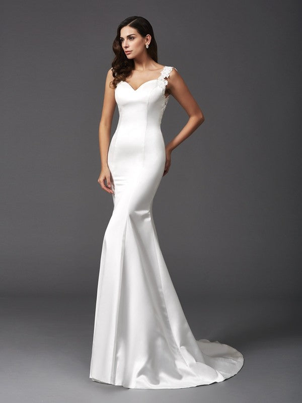 Trumpet/Mermaid Straps Beading Sleeveless Long Satin Wedding Dresses Bridal Gowns
