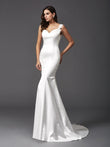 Trumpet/Mermaid Straps Beading Sleeveless Long Satin Wedding Dresses Bridal Gowns