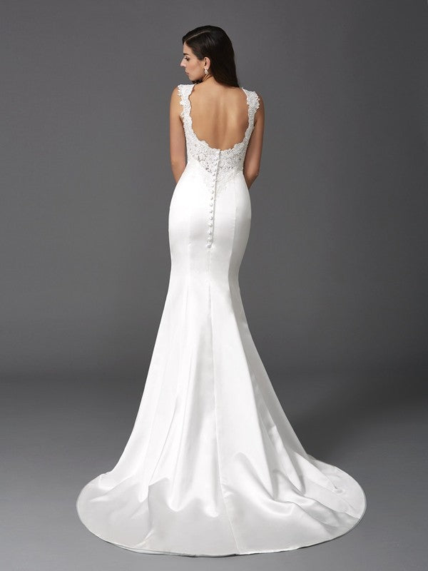 Trumpet/Mermaid Straps Beading Sleeveless Long Satin Wedding Dresses Bridal Gowns