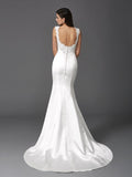 Trumpet/Mermaid Straps Beading Sleeveless Long Satin Wedding Dresses Bridal Gowns