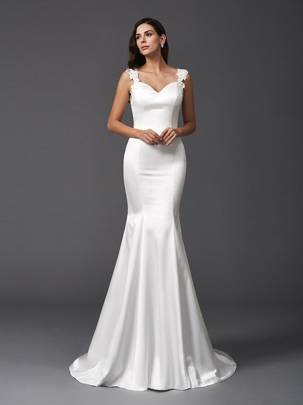 Trumpet/Mermaid Straps Beading Sleeveless Long Satin Wedding Dresses Bridal Gowns