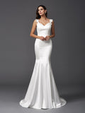 Trumpet/Mermaid Straps Beading Sleeveless Long Satin Wedding Dresses Bridal Gowns