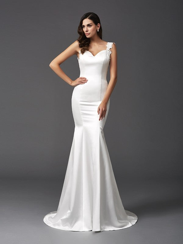 Trumpet/Mermaid Straps Beading Sleeveless Long Satin Wedding Dresses Bridal Gowns