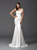 Trumpet/Mermaid Straps Beading Sleeveless Long Satin Wedding Dresses Bridal Gowns
