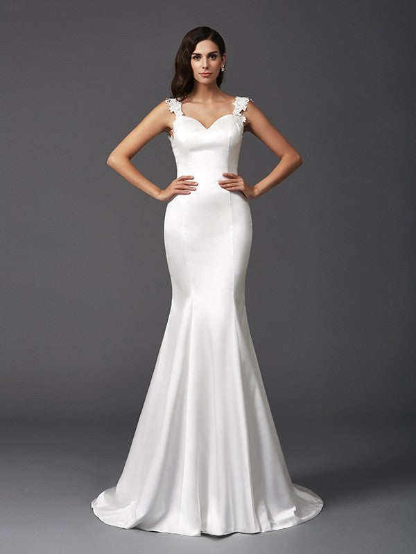 Trumpet/Mermaid Straps Beading Sleeveless Long Satin Wedding Dresses Bridal Gowns