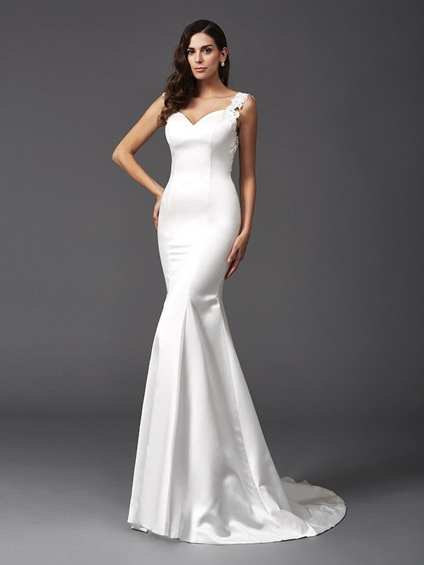 Trumpet/Mermaid Straps Beading Sleeveless Long Satin Wedding Dresses Bridal Gowns