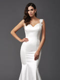 Trumpet/Mermaid Straps Beading Sleeveless Long Satin Wedding Dresses Bridal Gowns