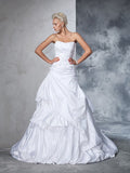Ball Gown Strapless Applique Sleeveless Long Satin Wedding Dresses Bridal Gowns