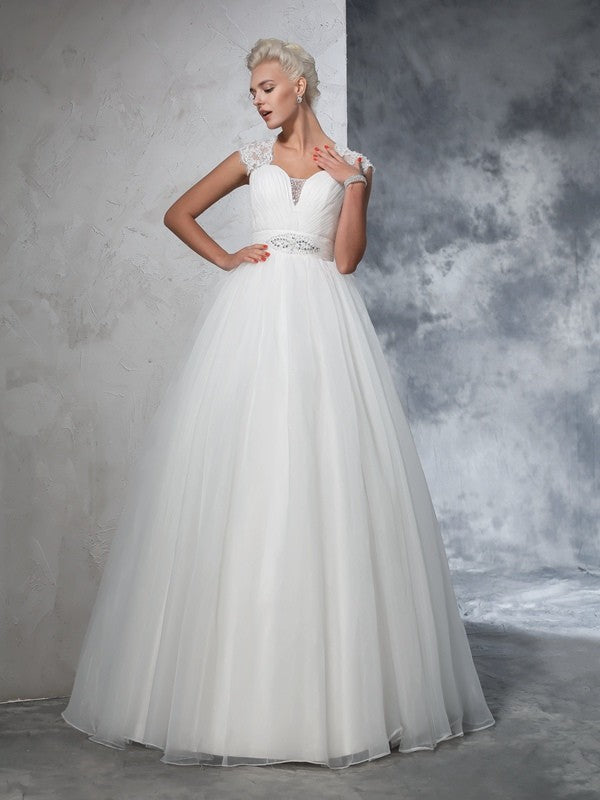Ball Gown Sweetheart Ruched Sleeveless Long Tulle Wedding Dresses Bridal Gowns