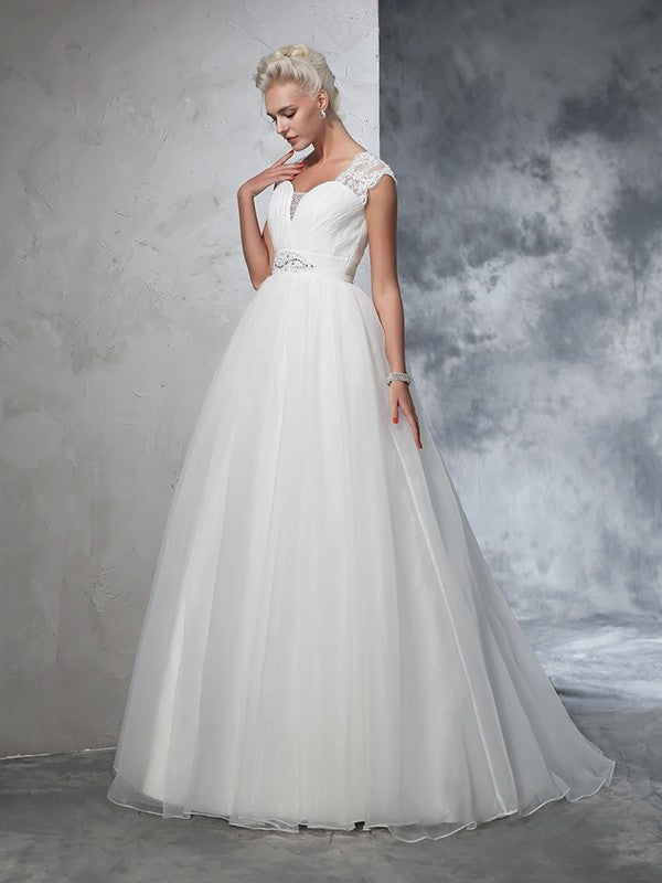 Ball Gown Sweetheart Ruched Sleeveless Long Tulle Wedding Dresses Bridal Gowns