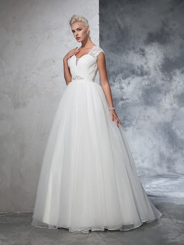 Ball Gown Sweetheart Ruched Sleeveless Long Tulle Wedding Dresses Bridal Gowns