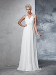 A-Line/Princess V-neck Ruched Sleeveless Long Chiffon Wedding Dresses Bridal Gowns