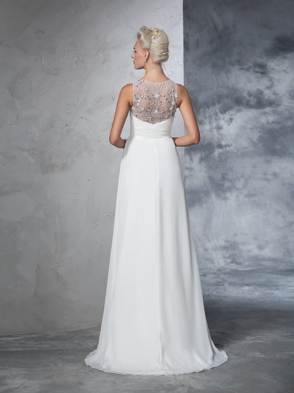 A-Line/Princess V-neck Ruched Sleeveless Long Chiffon Wedding Dresses Bridal Gowns