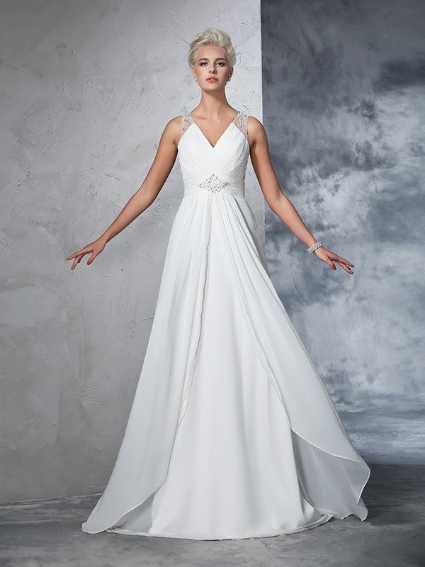 A-Line/Princess V-neck Ruched Sleeveless Long Chiffon Wedding Dresses Bridal Gowns