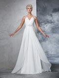 A-Line/Princess V-neck Ruched Sleeveless Long Chiffon Wedding Dresses Bridal Gowns