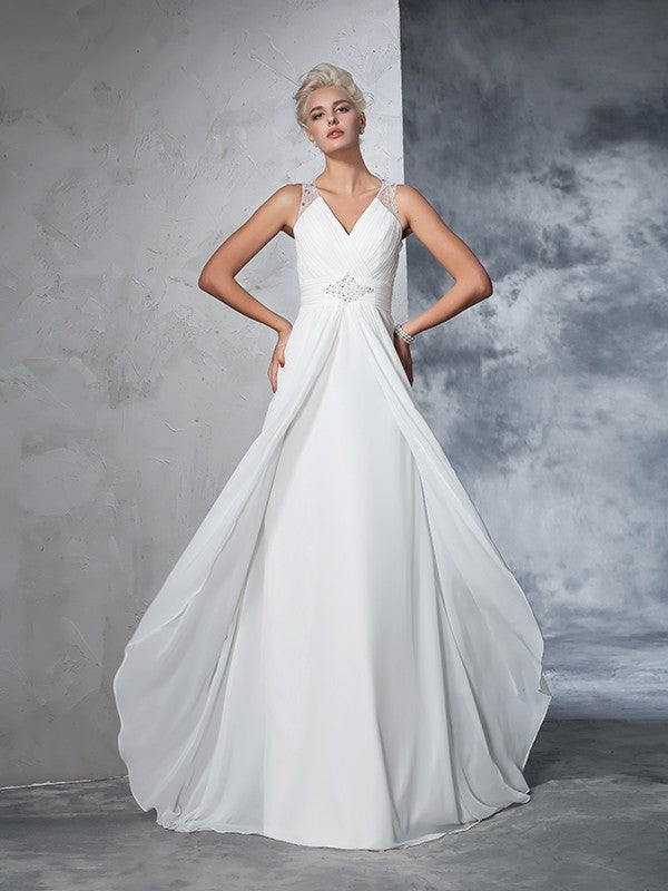 A-Line/Princess V-neck Ruched Sleeveless Long Chiffon Wedding Dresses Bridal Gowns
