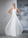A-Line/Princess V-neck Ruched Sleeveless Long Chiffon Wedding Dresses Bridal Gowns