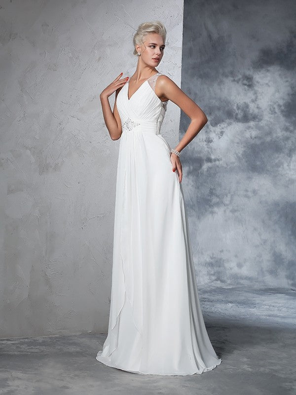 A-Line/Princess V-neck Ruched Sleeveless Long Chiffon Wedding Dresses Bridal Gowns