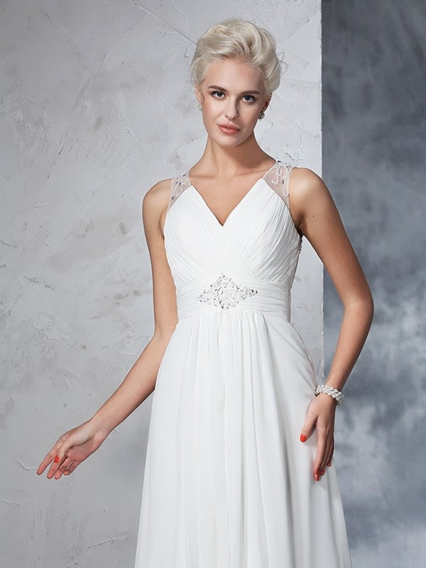 A-Line/Princess V-neck Ruched Sleeveless Long Chiffon Wedding Dresses Bridal Gowns