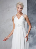 A-Line/Princess V-neck Ruched Sleeveless Long Chiffon Wedding Dresses Bridal Gowns