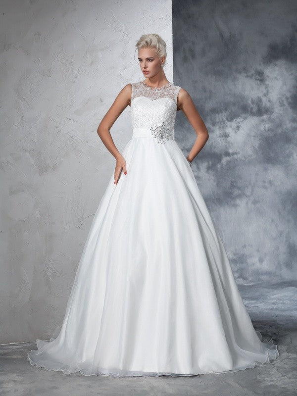 Ball Gown Sheer Neck Lace Sleeveless Long Net Wedding Dresses Bridal Gowns