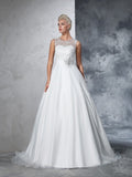 Ball Gown Sheer Neck Lace Sleeveless Long Net Wedding Dresses Bridal Gowns